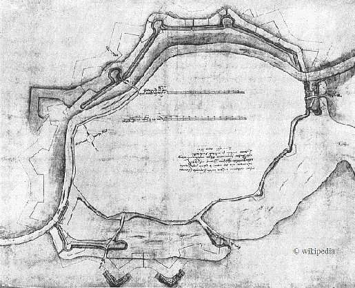 Zeichnung des niederlndischen Festungsbaumeisters Johan van Rijswijk von der Lbecker Festungsanlage um 1604    -    Fr eine grere Darstellung auf das Bild klicken.